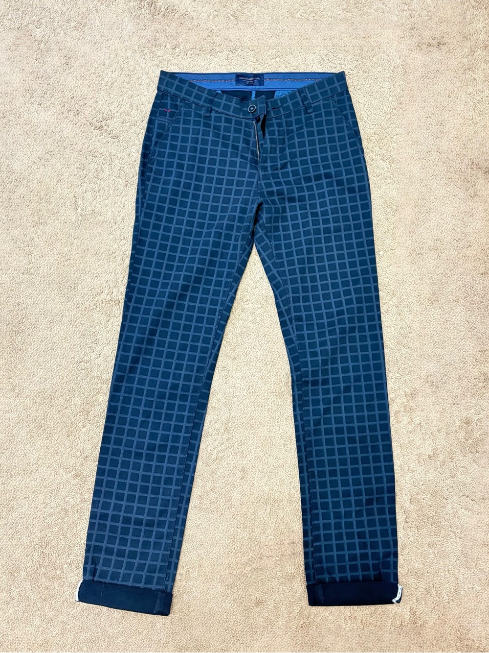Men's Grid-Pattern Dress Pants in Dark Blue